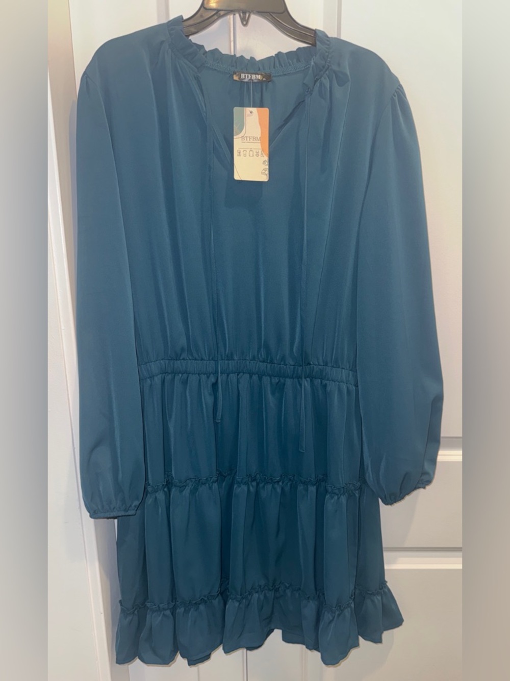 Blue Tiered Long-Sleeve womens Dress - Teal